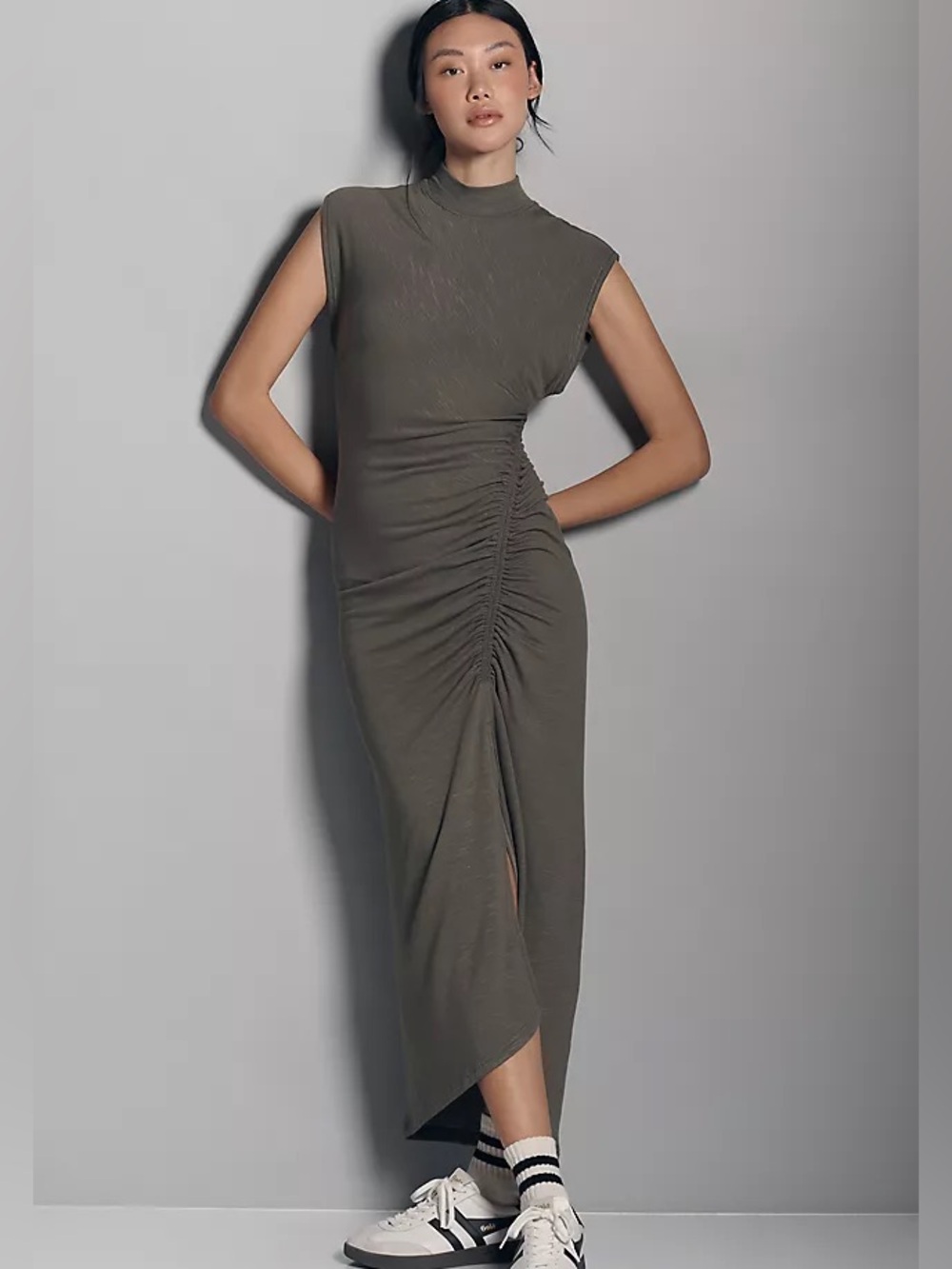 Anthropologie Daily Practice Mock Neck Ruched Midi Dress Green Size medium